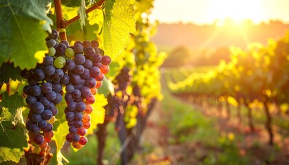 Vineyard at Sunset with Ripe Grapes and Golden Light.