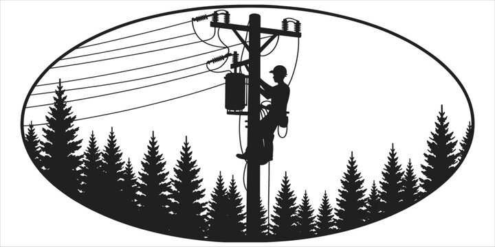 Silhouette of lineman on utility pole with transformer against pine trees in oval electricity power lines