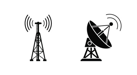 Black communication towers and satellite dish icons in a minimalist silhouette