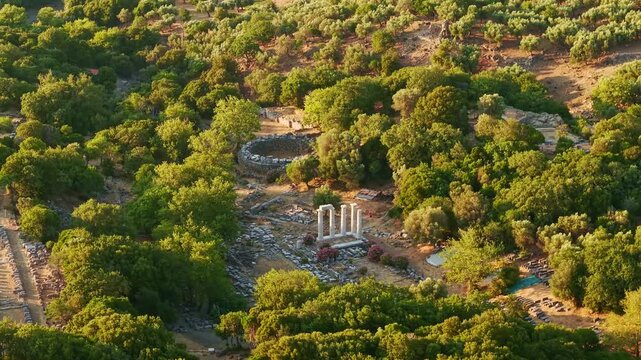 Aerial View of Sanctuary of the Great Gods at Sunset Samothrace