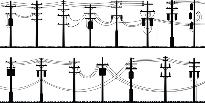 Silhouettes of utility poles with transformers, wires, and cables on white background Keywords: utility pole, power line