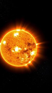 Radiant sun with solar flares and coronal loops against a starfield background.