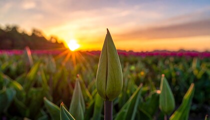 Close-up of a Tulip Bud at Sunrise in a Field.