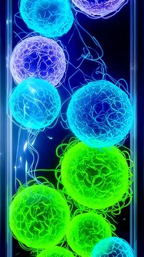 neon cell clusters under microscope, vibrant green and blue spherical cells drifting in vertical column, intricate membrane textures and filamentous connections, highcontrast dark