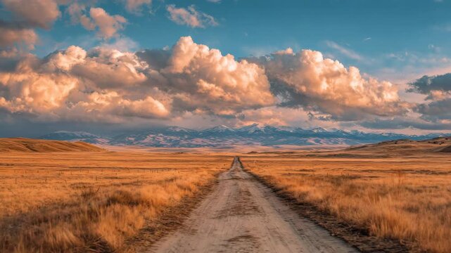 Dirt road leading through golden grassland and prairie toward distant snowcapped mountain range under dramatic sunset cloudscape, golden grass along rural road evokes calm, expansive landscape feeling