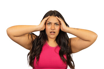Fototapeta premium Woman experiencing stress, headache, or shocking news