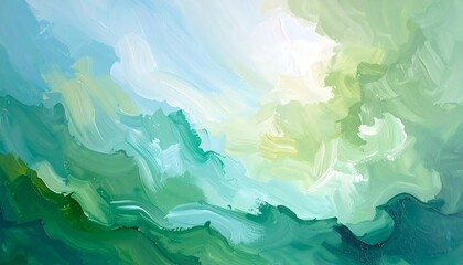Abstract Watercolor Painting of Lush Green Landscape with Bright Sky.