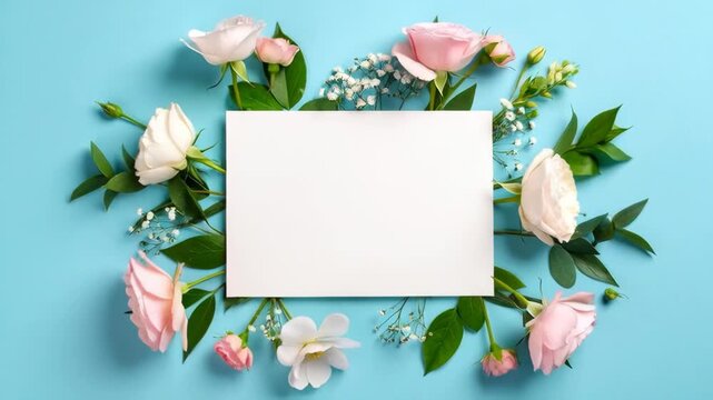 Blank card with pink and white roses and greenery on blue background