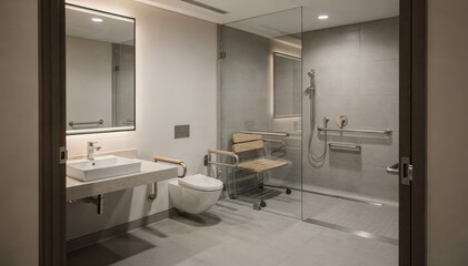 Medium shot of a spacious hotel bathroom designed for accessibility featuring a zerothreshold shower and strategically placed fixtures.