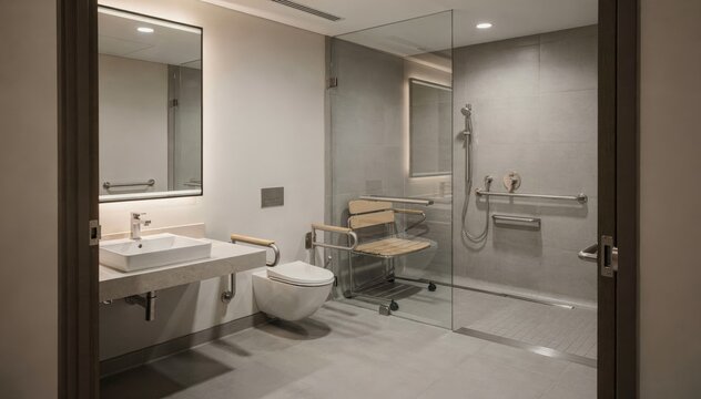 Medium shot of a spacious hotel bathroom designed for accessibility featuring a zerothreshold shower and strategically placed fixtures.