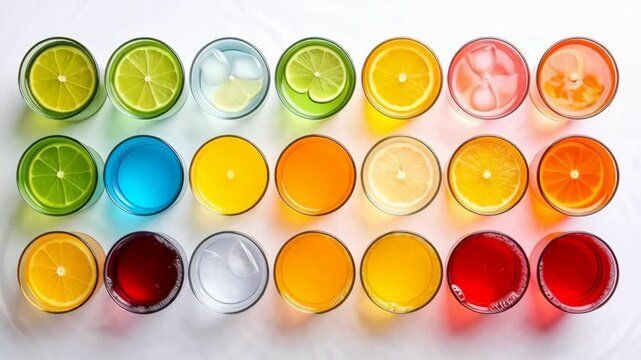 Assortment of Colorful Fruit Drinks in Glasses Top View