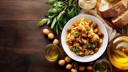 Rustic Pasta Dish with Eggs, Olives, and Fresh Herbs on Wooden Table