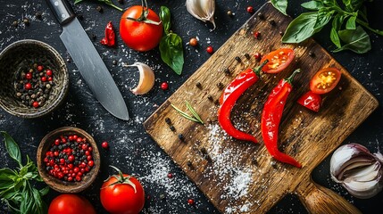 Rustic Kitchen Still Life: Red Peppers, Tomatoes, and Spices on Dark Surface