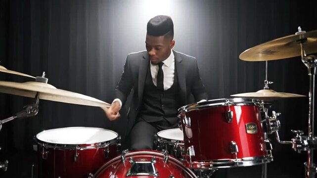 Professional drummer in suit performing on stage with red drum kit