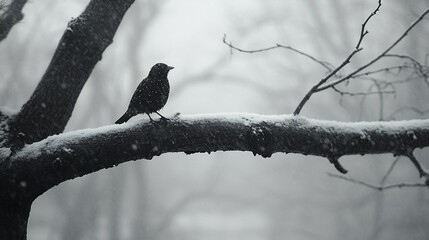 Solitary Starling in Winter: Snow-Kissed Plumage on a Frosty Branch