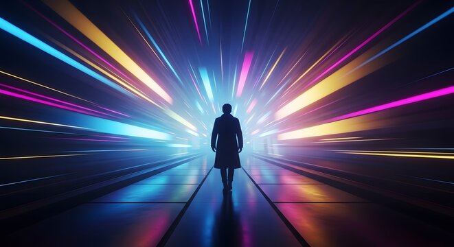 Business professional standing in futuristic office space with neon lights