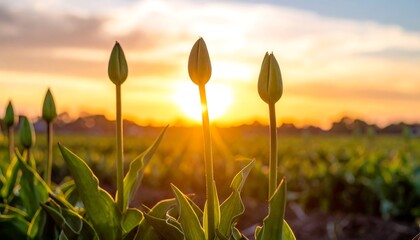 Three Tulip Buds Silhouetted Against a Golden Sunset in a Field.