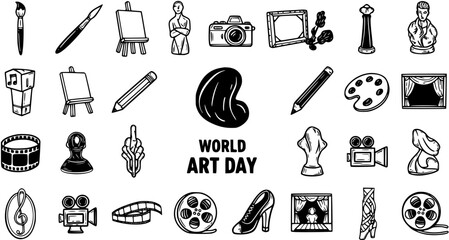 Obraz premium Hand-drawn Black White Line Art World Art Day Vector Icons Set: Creative Arts, Culture, Painting, Sculpture, Photography, Film, Music Dance Symbols Collection
