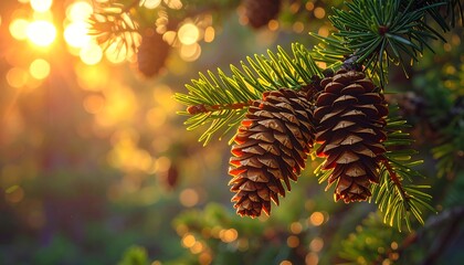 Close-up of Pine Cones on a Fir Tree Branch with Golden Sunlight.