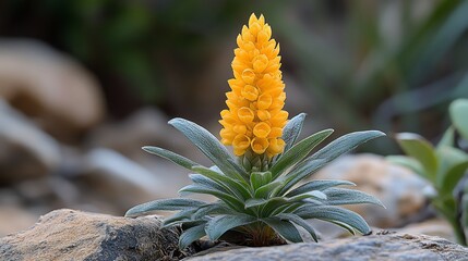 Striking Yellow Flower with Silver-Green Foliage on Rocky Terrain, Close-Up