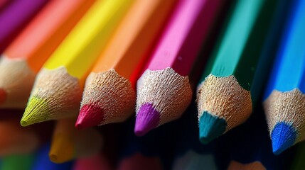 Vibrant Rainbow: Macro Shot of Sharpened Colored Pencils in Precise Alignment