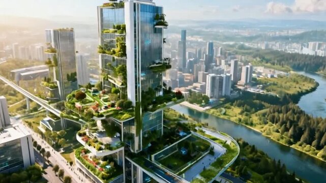 Aerial view of a futuristic eco-city featuring vertical gardens, sustainable skyscrapers, green urban planning, and advanced transport.