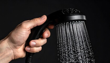 Hand Holding Black Shower Head with Flowing Water.
