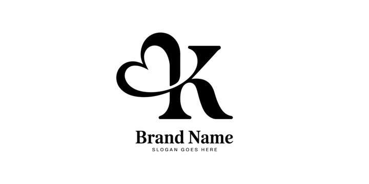Monogram logo design featuring the letter k combined with a stylized heart shape Vector, illustration