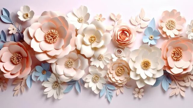 Soft pastel paper flowers with blue leaves arrangement