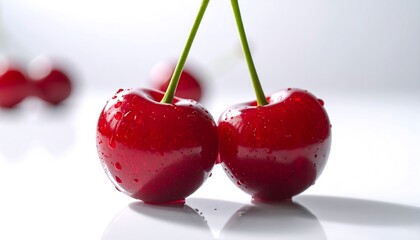 Two Ripe Cherries with Water Droplets on a White Surface.