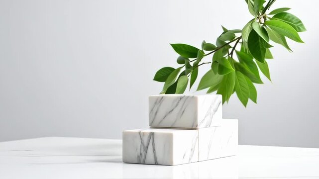 Nature inspired display blocks with green leaves on a white marble surface