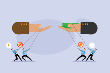 Fototapeta premium Corporate Corruption and Financial Manipulation Concept with Puppet Strings and Money 2d flat vector illustration