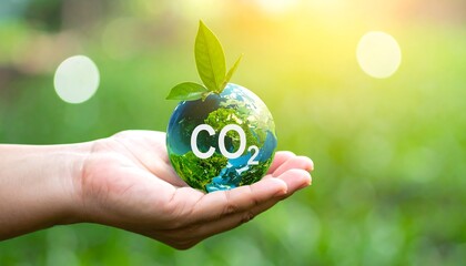 Hand holding planet Earth with CO2 symbol and green sprout, symbolizing environmental protection and carbon footprint reduction.