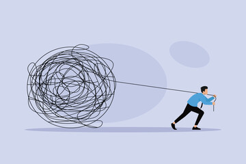 Businessman Pulling Tangled Mess Concept of Complex Problem Solving and Stress 2d flat vector illustration