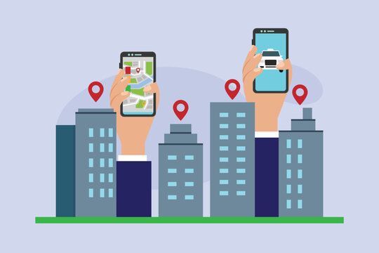 Mobile GPS Navigation and Ride Hailing App in Smart City 2d flat vector illustration