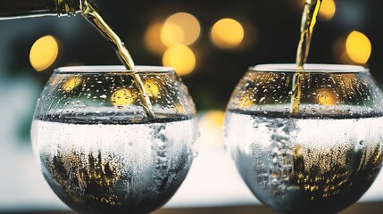 condensation. Two wine glasses with golden liquid pouring, elegant condensation on dark marble surface. bar promotions, beverage menus, designed for food & beverage menus and cafe branding.