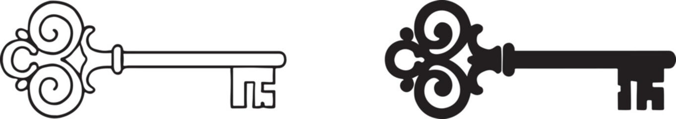 Obraz premium Old key vector house icon logo, black silhouette and outline symbol for real estate design.