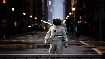 In a quiet city street illuminated by streetlights, an astronaut stands motionless. The buildings tower high, reflecting a blend of modern and futuristic design. © icetray