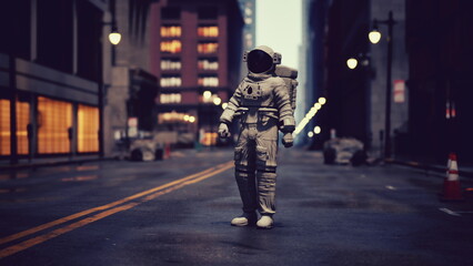In a deserted city street, an astronaut stands confidently under streetlights, gazing at the surrounding buildings as twilight descends, creating an eerie yet captivating atmosphere. © icetray