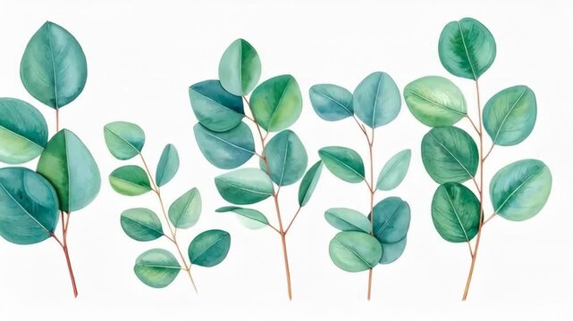 Watercolor painting of eucalyptus branches with round green leaves isolated on white background
