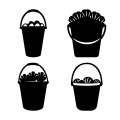 Collection of four black silhouette icons depicting buckets filled with various natural elements