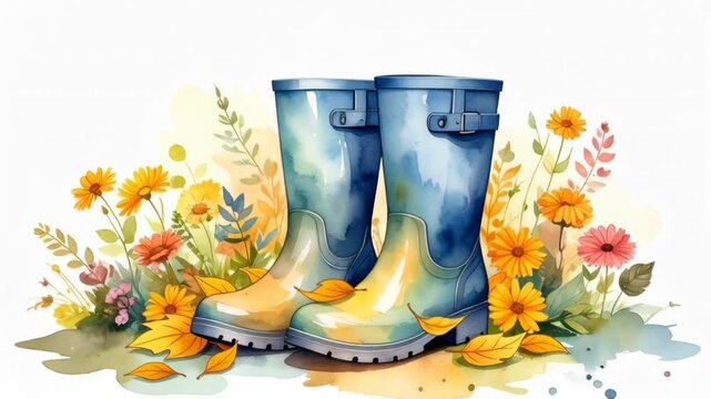Pair of blue rubber boots surrounded by colorful flowers and autumn leaves