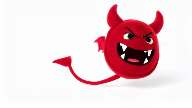 Cute red devil plush toy with horns, wings, and sharp teeth smiling playfully
