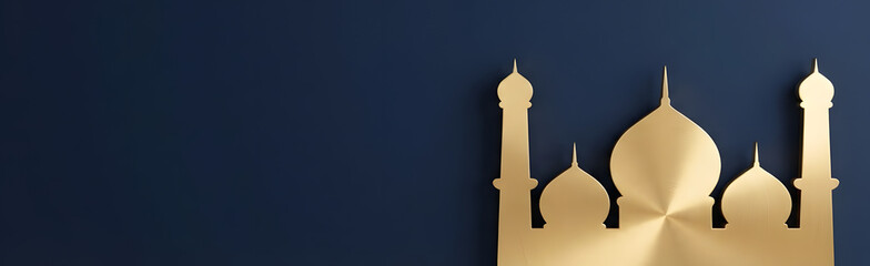 Obraz premium Golden mosque silhouette on dark blue background for Ramadan or Islamic celebration