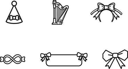 Fototapeta premium Line art illustrations of bows and ribbons with party hat and harp
