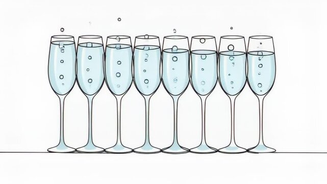 Row of champagne flutes with bubbles rising through pale blue liquid