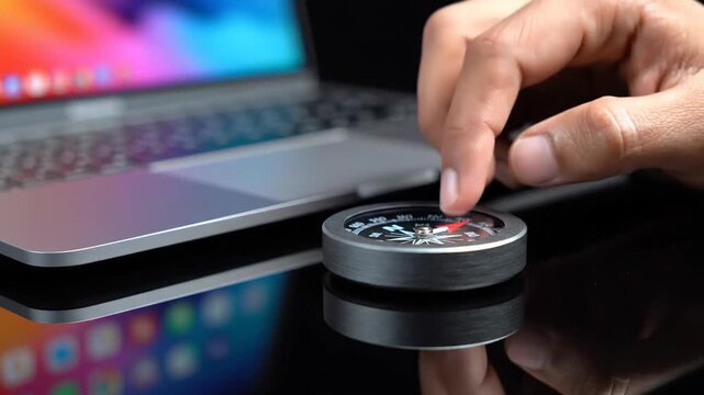 Person touching a compass next to a laptop, symbolizing navigation and technology