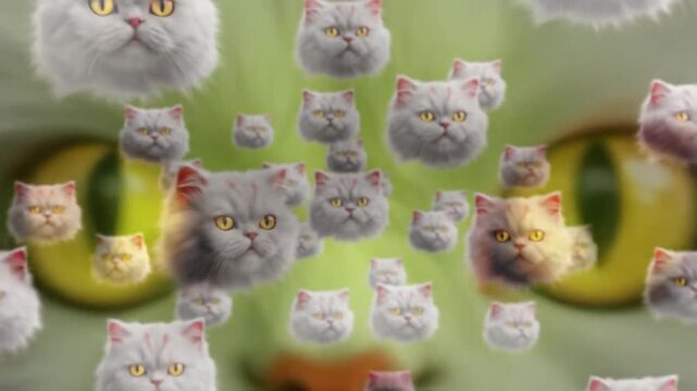 Floating cat heads with white fur and yellow eyes on green background