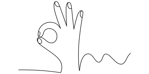 A continuous line art drawing of a hand making the ok gesture, symbolizing approval or agreement Vector, illustration © Pabon Art Gallery