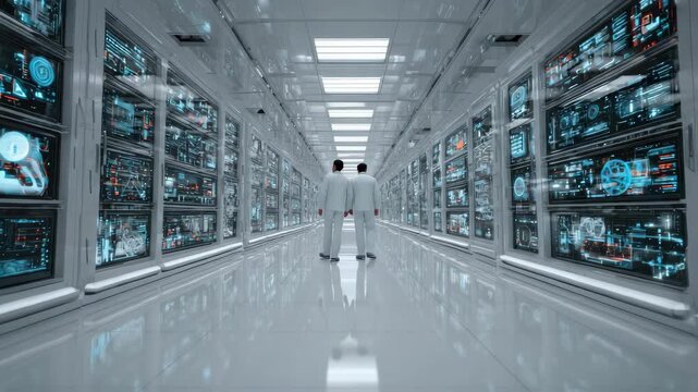High quality microstock 4k video showing a futuristic data center with a long corridor lined with digital screens displaying various information and data analysis charts